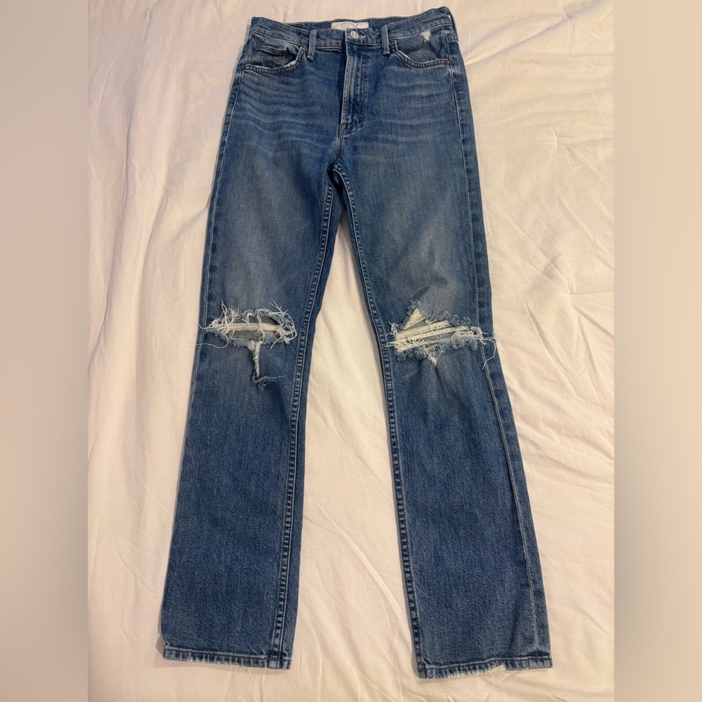 MOTHER Superior High Waisted Rider Skimp Distressed Medium Wash Jeans